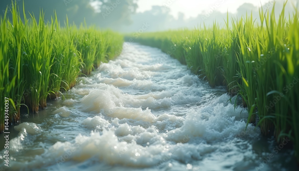 Illustration depicts flooded rice paddy field. Rushing water flows between rich green crops. Disaster caused by flood, heavy rain in farming area. Agriculture, environmental, climate change.