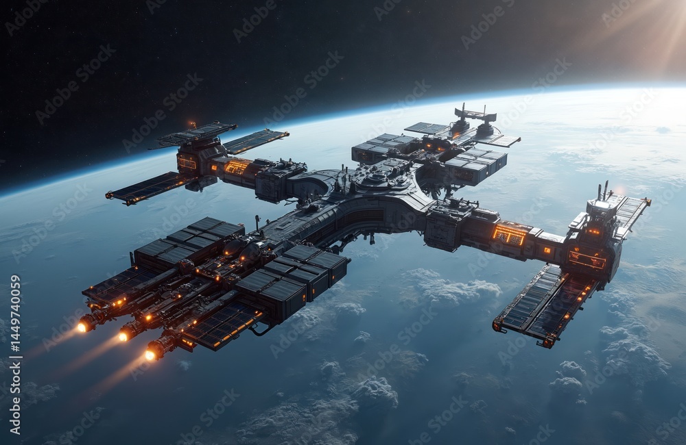 Futuristic space station orbits planet Earth. Illustration spacecraft, glowing panels, technology, universe, galaxy. Orbital station, science, technology, cosmos, exploration, communication, future