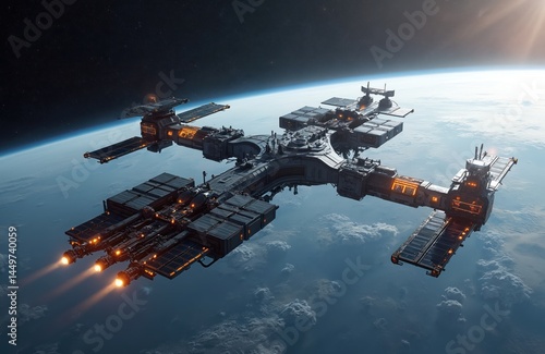 Obraz na płótnie Futuristic space station orbits planet Earth. Illustration spacecraft, glowing panels, technology, universe, galaxy. Orbital station, science, technology, cosmos, exploration, communication, future w salonie