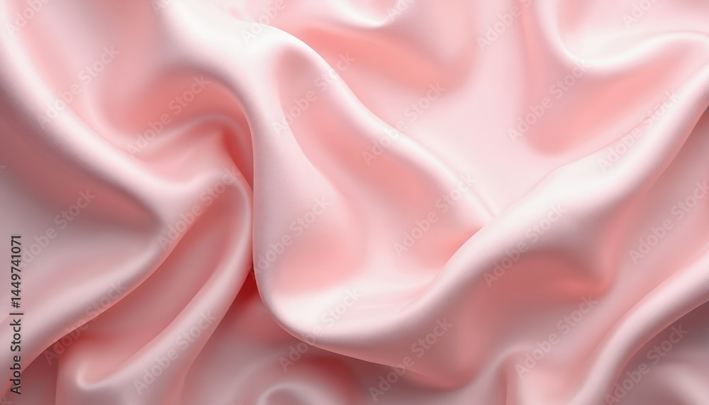 Delicate pastel pink silk satin fabric illustration. Smooth, shiny cloth drapes soft waves. Luxurious texture, ideal for fashion designs backgrounds. Beautiful textile, wedding bridal. Elegant