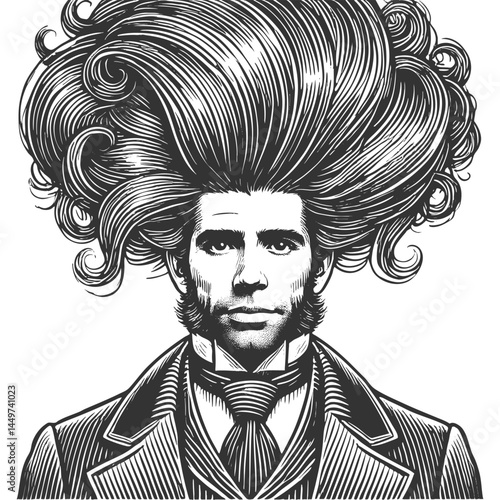 gentleman with an incredibly large, curly hairstyle, blending humor, surrealism, and vintage artistic style sketch engraving generative ai vector illustration. Scratch board. Black and white image.
