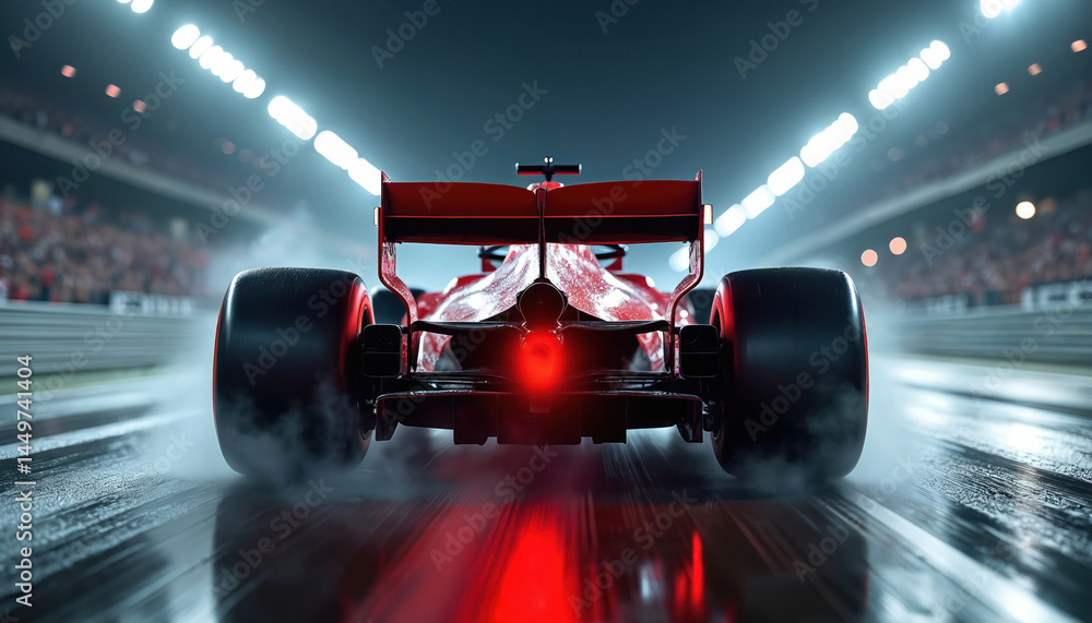 Rear view car in full throttle on track. Car glistening under stadium lights, exhaust releasing smoke, sharp focus on spoiler, rear tires. Night race, speed, competition.