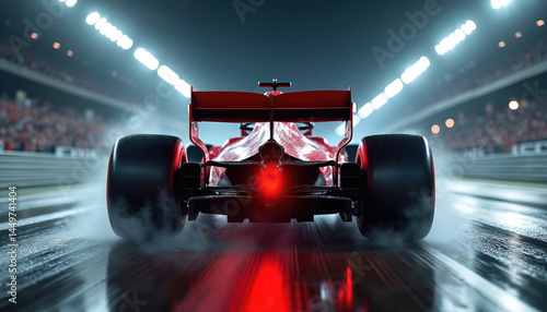 Obraz na płótnie Rear view car in full throttle on track. Car glistening under stadium lights, exhaust releasing smoke, sharp focus on spoiler, rear tires. Night race, speed, competition. w salonie
