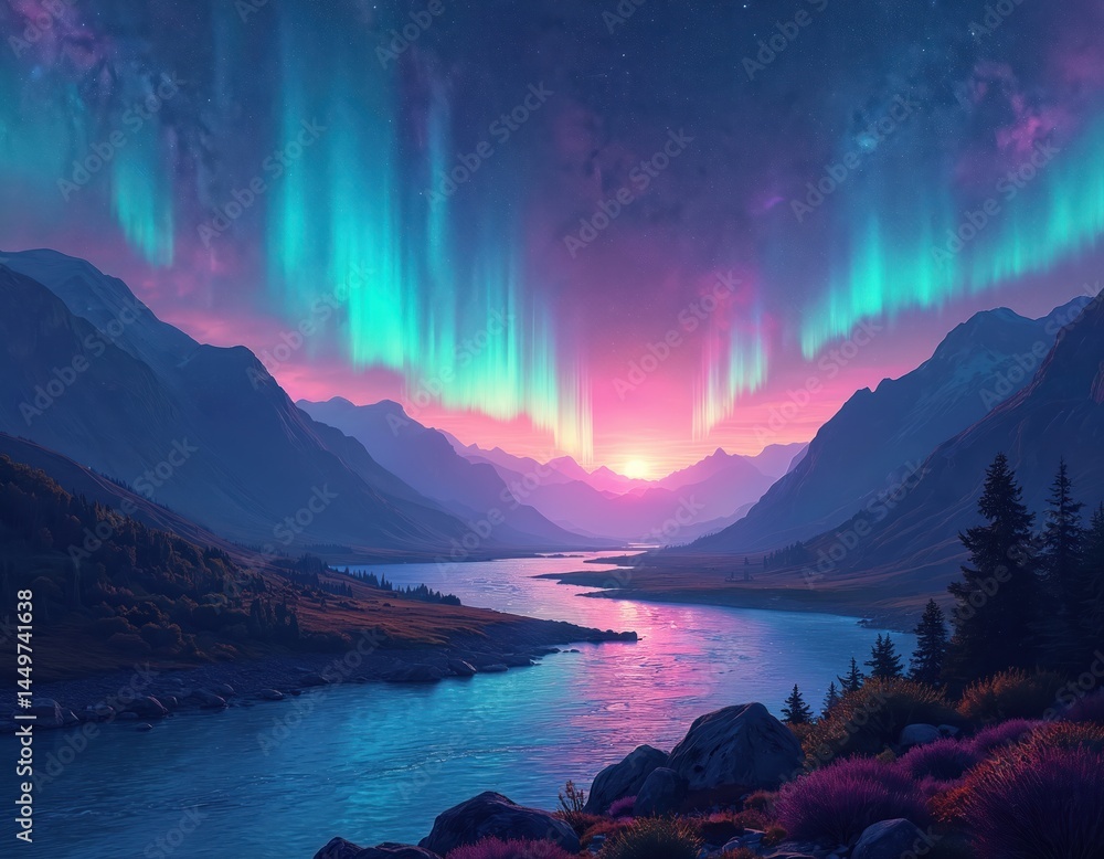 Cosmic landscape with neon aurora borealis. Vibrant colors illuminate night sky. Majestic mountains reflect in calm river, creating surreal fantasy. Dramatic sunset creates dreamlike atmosphere.