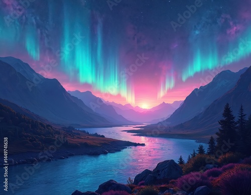 Obraz na płótnie Cosmic landscape with neon aurora borealis. Vibrant colors illuminate night sky. Majestic mountains reflect in calm river, creating surreal fantasy. Dramatic sunset creates dreamlike atmosphere. w salonie