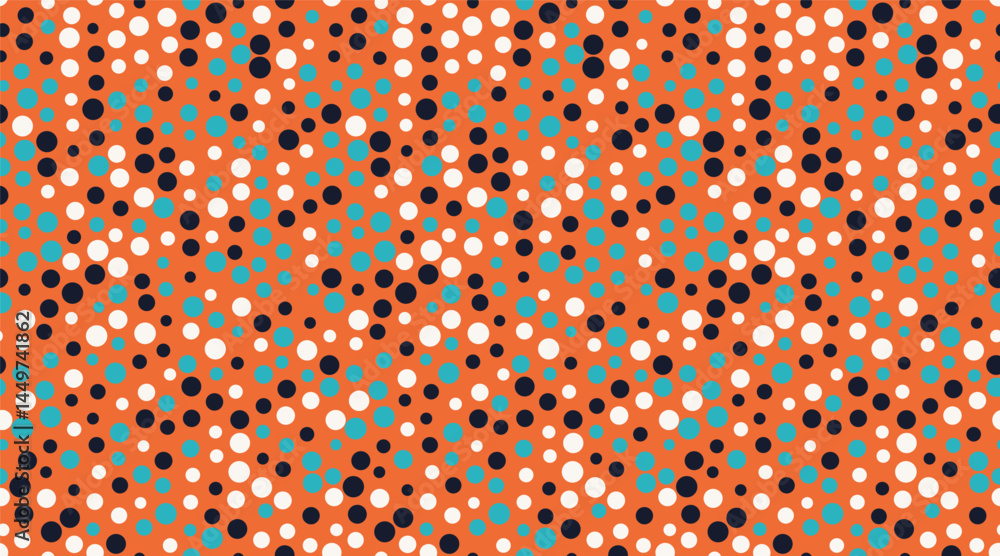Abstract vibrant orange background with a dynamic pattern of white, teal, and black polka dots.  Ideal for website banners, textile design, or modern branding.