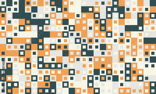 Abstract geometric pattern featuring a mosaic of squares in muted orange, gray, and dark teal.  Ideal for website backgrounds, textile prints, or modern design projects.