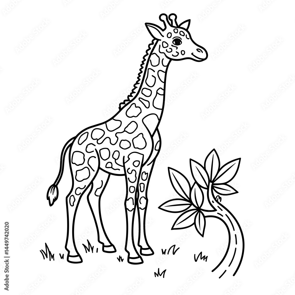 Obraz premium Giraffe coloring page standing near a tree on a grassy field 