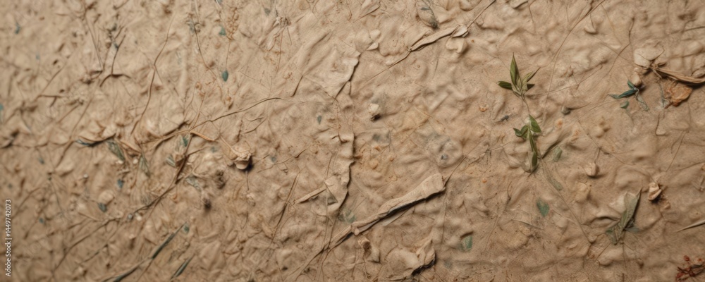 Close-up of recycled paper, showing embedded plant fibers, uneven coloring, textured surface , close-up, biodegradable, organic Close-up of recycled paper, showing embedded plant fibers, uneven coloring, textured surface , close-up, biodegradable, organic