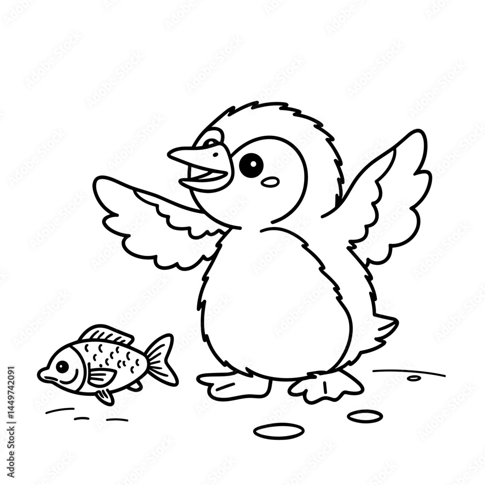Happy cartoon penguin playing with a fish in a coloring style Happy cartoon penguin playing with a fish in a coloring style