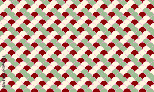 Elegant seamless pattern of overlapping semicircles in red, cream, and sage green.  Ideal for textile design, website backgrounds, or festive packaging.