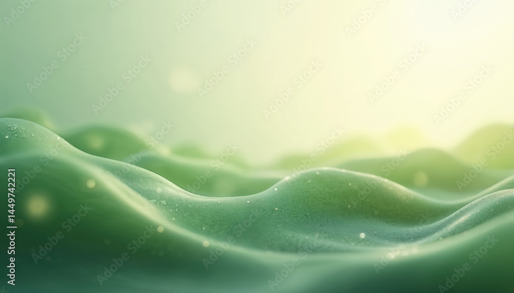 Gentle green waves illuminated by soft sunlight, evoking tranquility and nature beauty. Abstract waves in green color create a calm mood with soft blurry background. Nature, art and zen concept.
