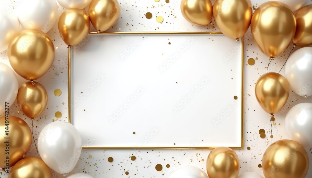 Golden and white balloons with confetti. Blank gold frame for text or logo. Festive birthday anniversary celebration background. Grand opening party template with happy event banner.