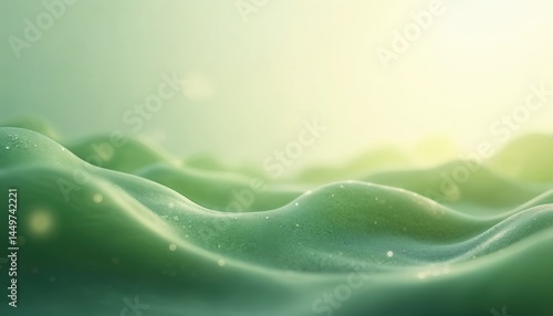 Obraz na płótnie Gentle green waves illuminated by soft sunlight, evoking tranquility and nature beauty. Abstract waves in green color create a calm mood with soft blurry background. Nature, art and zen concept. w salonie