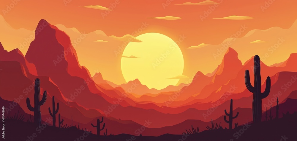 Desert sunset illustration, red orange sun, silhouette rocky mountains, cactus plants. Nature landscape, scenic view, abstract background, graphic design art. Travel, tourism, adventure, western