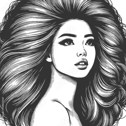 Asian woman with striking voluminous hair, showcasing elegance, beauty, and timeless fashion sketch engraving generative ai vector illustration. Scratch board imitation. Black and white image.