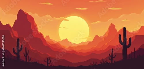 Obraz na płótnie Desert sunset illustration, red orange sun, silhouette rocky mountains, cactus plants. Nature landscape, scenic view, abstract background, graphic design art. Travel, tourism, adventure, western w salonie