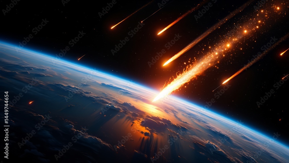 Obraz premium Meteor shower with fiery trails over Earth from space.