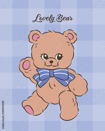 Vintage and cute teddy bear character illustration on purple checkered background