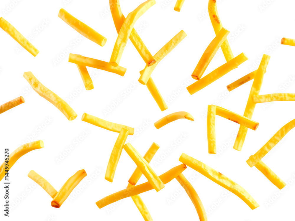Fototapeta premium Golden French Fries Falling on Black Background on a transparent background