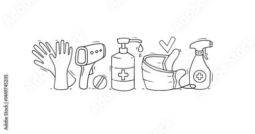 Cartoon icon banner - disease prevention. Hand drawn signs - medical healthcare objects . Doodle vector illustrations with mask, gloves, sanitizer.