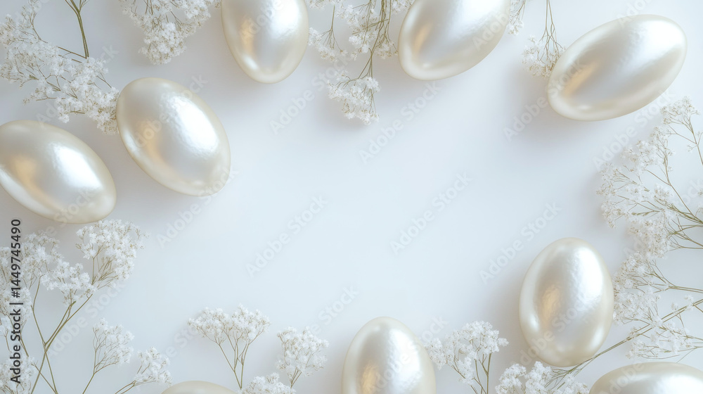 Elegant Easter eggs framed by delicate white flowers Elegant Easter eggs framed by delicate white flowers