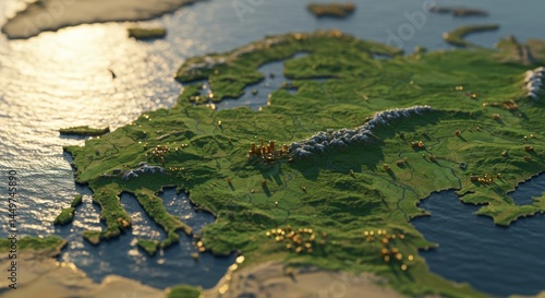 Detailed Miniature Eastern Europe Landscape with Golden City Structures Aerial View