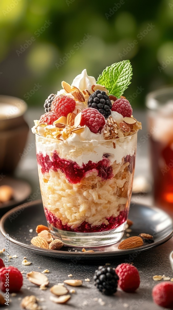 Delicious layered dessert with berries, cream, and nuts served during a sunny afternoon Delicious layered dessert with berries, cream, and nuts served during a sunny afternoon