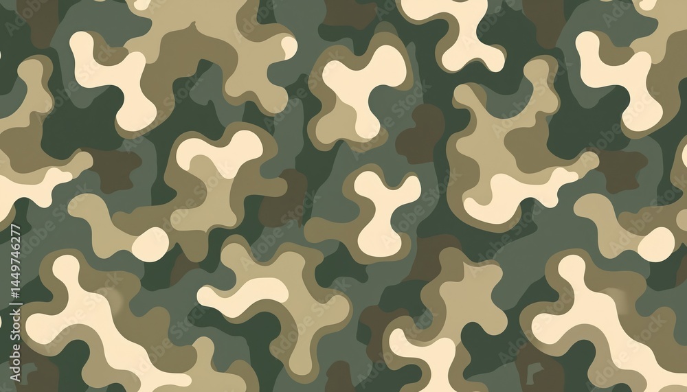 Seamless military camouflage pattern. Army camo texture, background for seamless wallpaper. Green, brown, beige, tan colors. Camo background design for textile, clothing, uniform. Ideal for hunting,