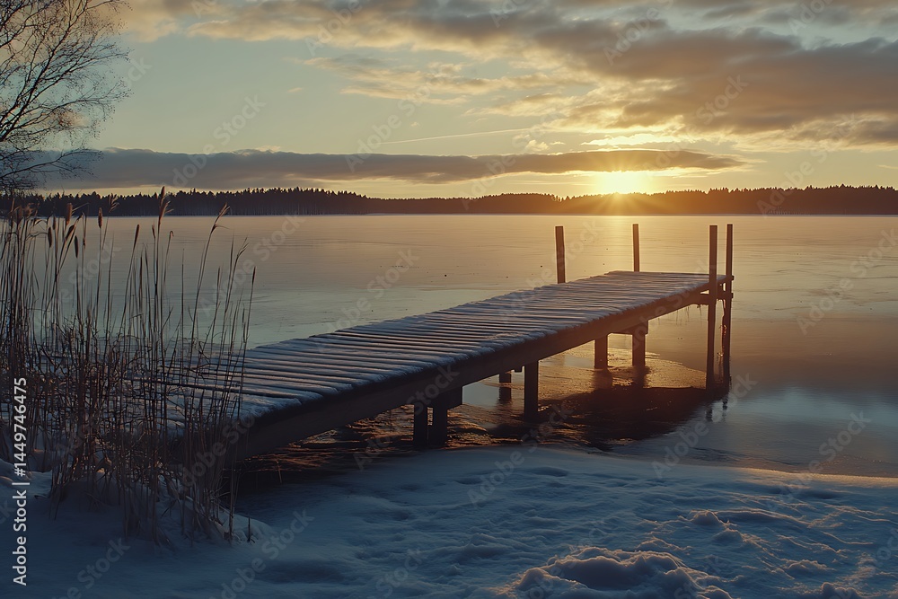 Obraz premium Frozen Lake Wooden Pier covered with Snow at Sunset with Clouds and Reflections