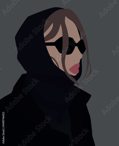 Vector flat image of a young girl in sunglasses. Brunette in a dark knitted hood and jacket. Design for avatars, posters, backgrounds, templates, banners, textiles, postcards.