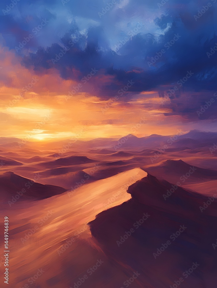 Fototapeta premium Majestic Sunset Over Serene River: Vibrant Digital Art Landscape with Dramatic Clouds and Warm Colors