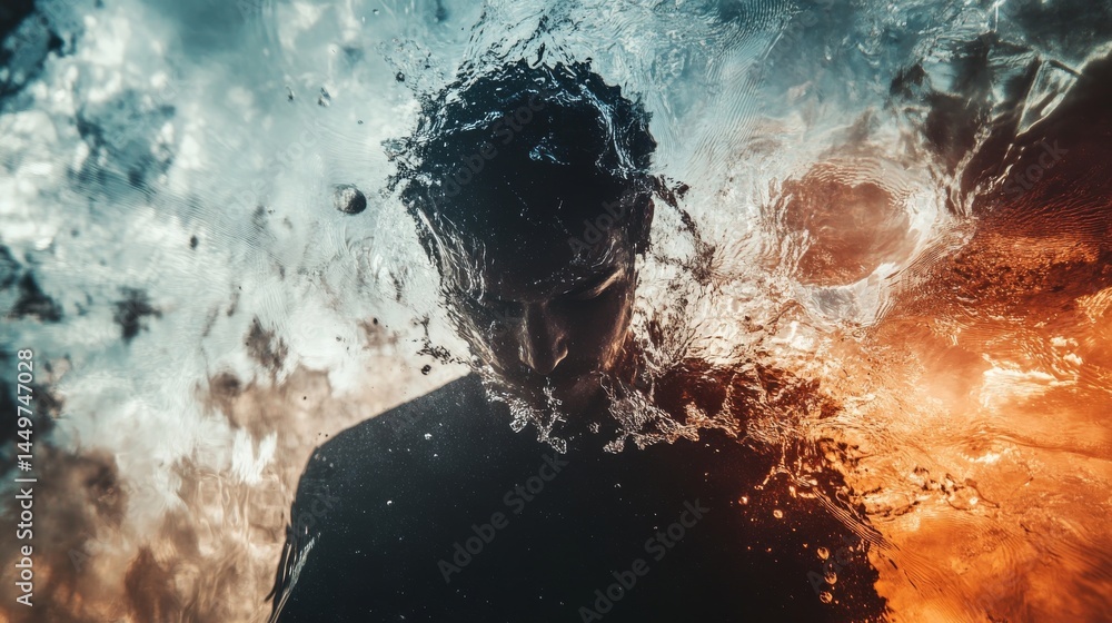 Fototapeta premium Abstract surreal art of a silhouette man with water and fire effect.