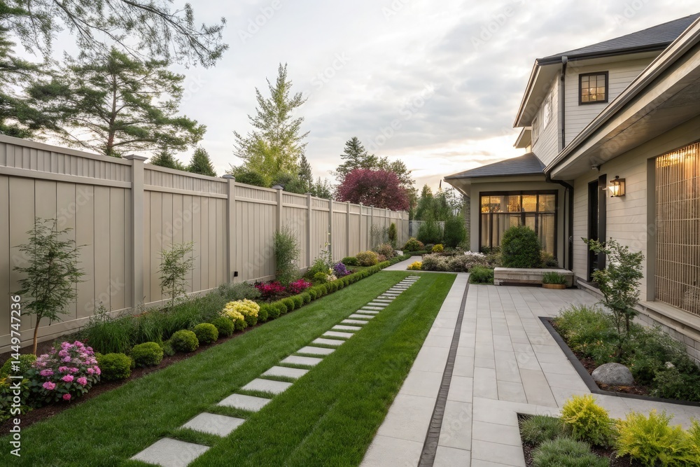 Beautiful Modern Backyard With Elegant Landscaping and Fence Generative AI Beautiful Modern Backyard With Elegant Landscaping and Fence Generative AI