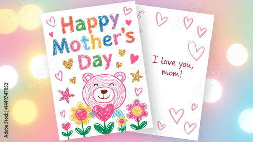A child’s hand drawing a colorful ‘Happy Mother’s Day’ card with crayons, surrounded by glitter and stickers, soft bokeh background, playful and nostalgic vibe, 3D illustration style