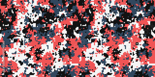 Abstract digital camouflage pattern in coral, black, and grey.  Ideal for fashion, textile design, or militarythemed projects.  The pixelated texture offers a modern, edgy aesthetic.