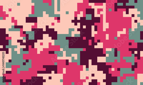 Abstract pixelated camouflage pattern in pink, maroon, and grey tones.  Ideal for fashion, textiles, or digital backgrounds, this bold design offers a modern, fragmented aesthetic.