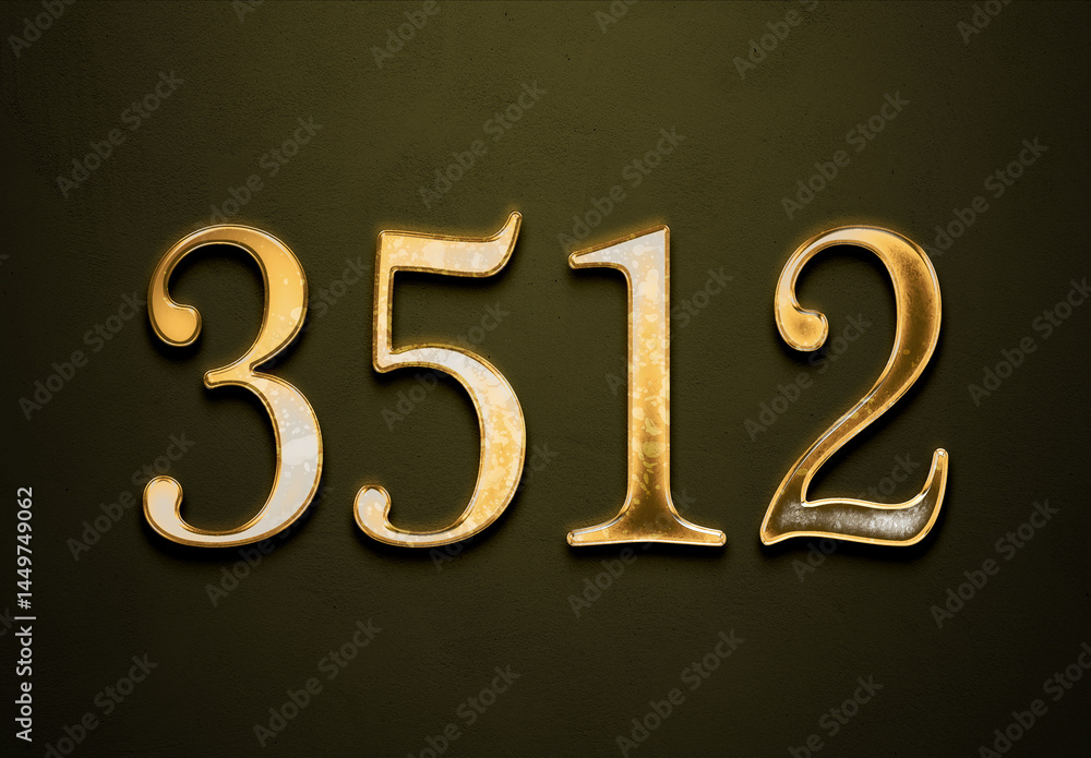 Old gold effect of 3512 number with 3D glossy style Mockup.