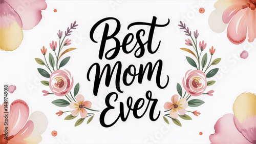 Hand-lettered ‘Best Mom Ever’ in flowing script with floral wreaths and watercolor splashes, white space for customization, trending Instagram post style 