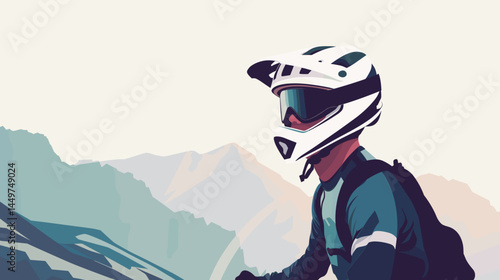 mountain biker in gear, helmet with black visor, vector style illustration, mountain bike race poster design, background of mountains. Outdoors healthy lifestyle, sports activity in the great outdoors