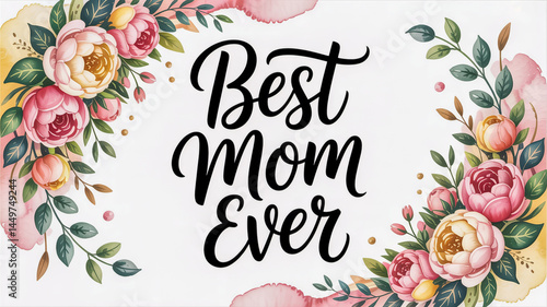 Hand-lettered ‘Best Mom Ever’ in flowing script with floral wreaths and watercolor splashes, white space for customization, trending Instagram post style 