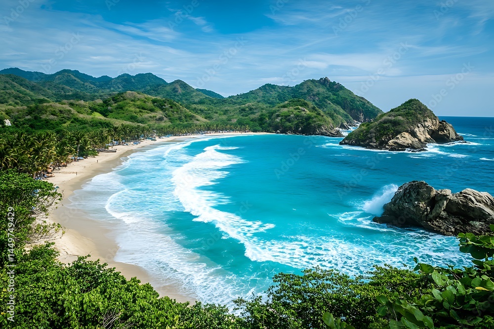 Fototapeta premium Stunning turquoise ocean waves crash on a pristine beach nestled between lush green mountains under a vibrant blue sky