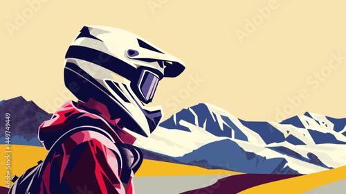 mountain biker in gear, helmet with black visor, vector style illustration, mountain bike race poster design, background of mountains. Outdoors healthy lifestyle, sports activity in the great outdoors