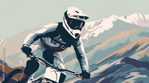 mountain biker in gear, helmet with black visor, vector style illustration, mountain bike race poster design, background of mountains. Outdoors healthy lifestyle, sports activity in the great outdoors