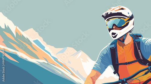 mountain biker in gear, helmet with black visor, vector style illustration, mountain bike race poster design, background of mountains. Outdoors healthy lifestyle, sports activity in the great outdoors