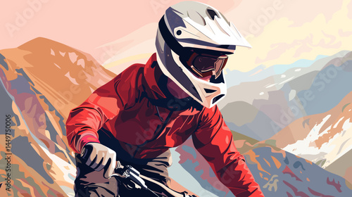 mountain biker in gear, helmet with black visor, vector style illustration, mountain bike race poster design, background of mountains. Outdoors healthy lifestyle, sports activity in the great outdoors