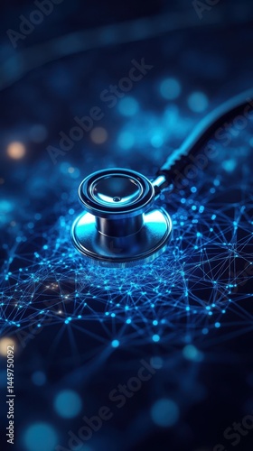 Health technology concept with stethoscope on a digital network background symbolizing modern healthcare innovation