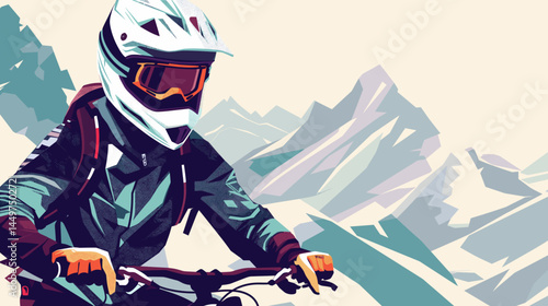 mountain biker in gear, helmet with black visor, vector style illustration, mountain bike race poster design, background of mountains. Outdoors healthy lifestyle, sports activity in the great outdoors
