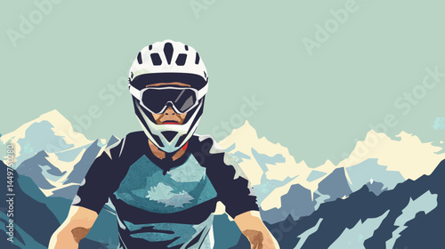 mountain biker in gear, helmet with black visor, vector style illustration, mountain bike race poster design, background of mountains. Outdoors healthy lifestyle, sports activity in the great outdoors