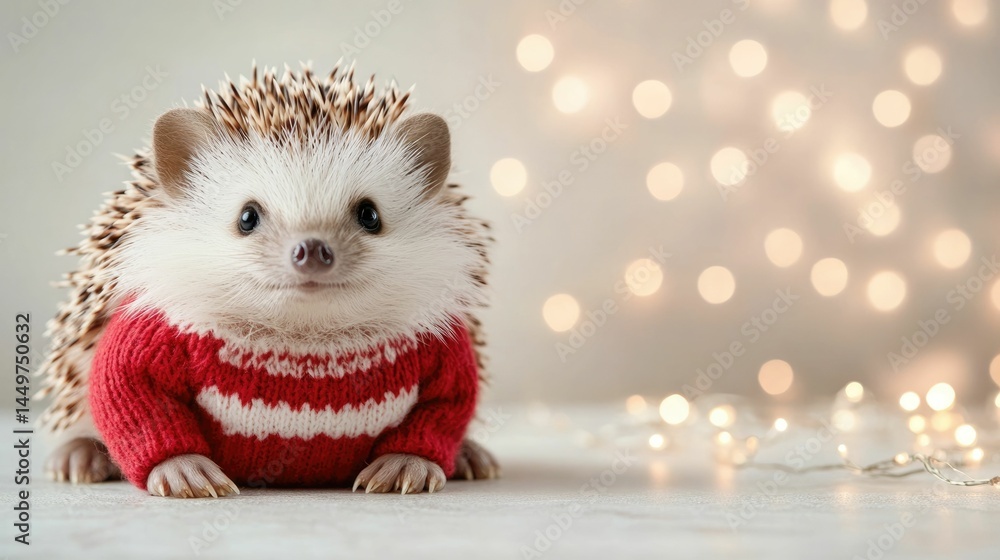 Closeup of an adorable hedgehog wearing a cozy festive holiday sweater sitting on a white marble surface with twinkling fairy lights in the background creating a charming and whimsical seasonal scene Closeup of an adorable hedgehog wearing a cozy festive holiday sweater sitting on a white marble surface with twinkling fairy lights in the background creating a charming and whimsical seasonal scene